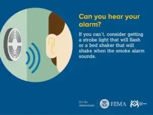 An informative illustration highlighting the importance of being able to hear your alarm, suggesting the use of a bed shaker for those who might not hear it, as a safety measure against fire hazards.