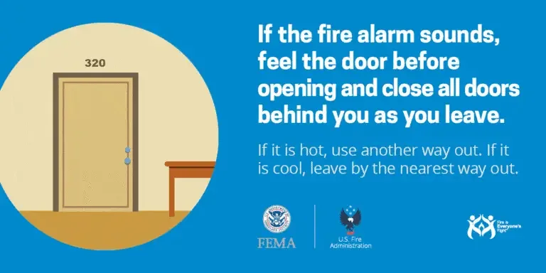 An informative safety graphic illustrating fire evacuation protocol: check the temperature of the door before opening it during a fire alarm and ensure all doors are closed behind you, with signs representing fema, us fire administration, and the department of homeland security.