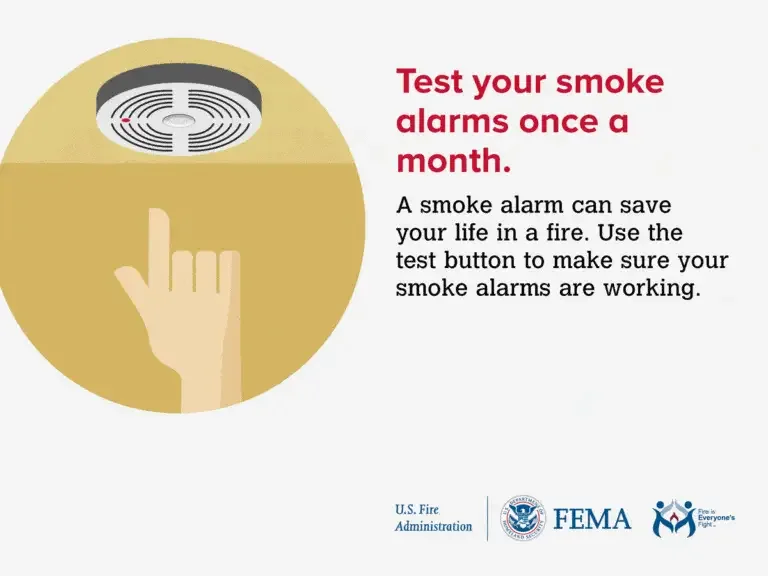 A safety reminder infographic encouraging individuals to regularly test their smoke alarms, showing a graphic of a hand pressing the test button on a smoke detector.