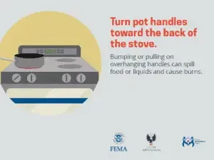 Safety reminder: "turn pot handles toward the back of the stove to prevent bumping and spills that can lead to burns.