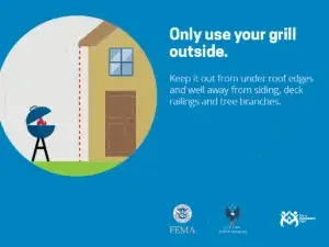 A safety reminder: "only use your grill outside. keep it out from under roof edges and well away from siding, deck railings and tree branches.