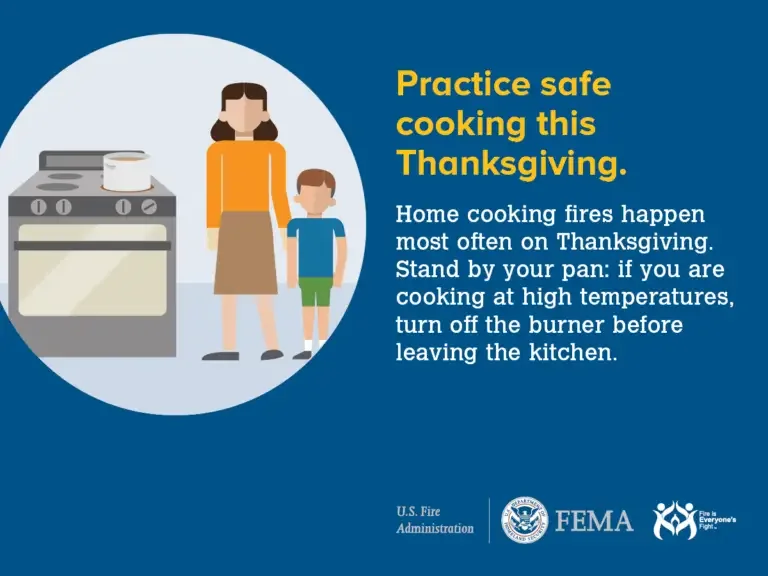 A safety reminder graphic featuring an illustration of a woman and child in a kitchen with text reading: "practice safe cooking this thanksgiving. home cooking fires happen most often on thanksgiving. stand by your pan: if you are cooking at high temperatures, turn off the burner before leaving the kitchen." logos of u.s. fire administration, fema, and department of homeland security are present.