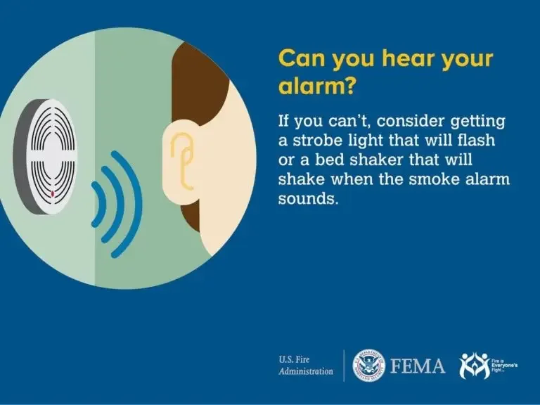 A visual public service announcement about fire safety, suggesting the use of a bed shaker for people who can't hear their alarm.