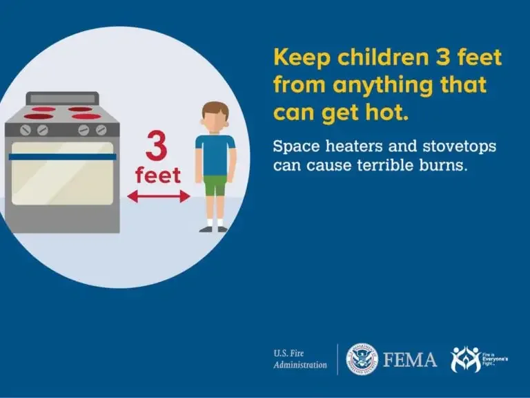 Child safety reminder: keep a 3-foot distance between children and heat sources like stovetops to prevent burns.