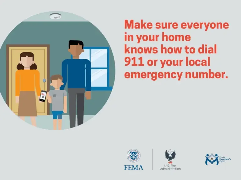 An informative illustration emphasizing the importance of household safety, featuring a family and a message encouraging the knowledge of how to dial 911 or the local emergency number.