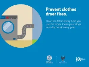 Household safety awareness message: "prevent clothes dryer fires. clean lint filters every time you use the dryer. ensure your dryer vent ductwork is cleaned yearly.