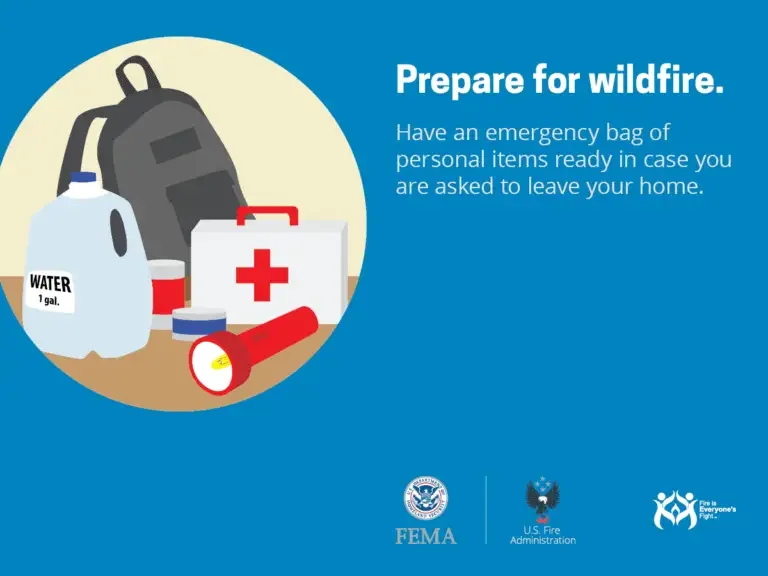 Stay ready: pack an emergency kit with a flashlight, first aid, and water to safeguard against wildfires.