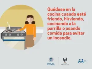 A woman attentively cooking on a stove with a safety message that reads: "stay in the kitchen when frying, boiling, grilling, or broiling food to prevent a fire." the logos of fema, us fire administration, and fire is everyone's fight appear at the bottom.