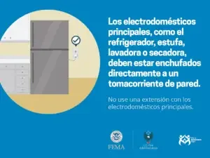Infografía de seguridad doméstica que aconseja enchufar directamente a la pared los electrodomésticos principales como refrigerador, estufa, lavadora y secadora, y advierte contra el uso de extensiones con estos aparatos. logotipos de fema, la us fire administration y el departamento de seguridad nacional en la esquina inferior derecha indican la fuente oficial del mensaje.