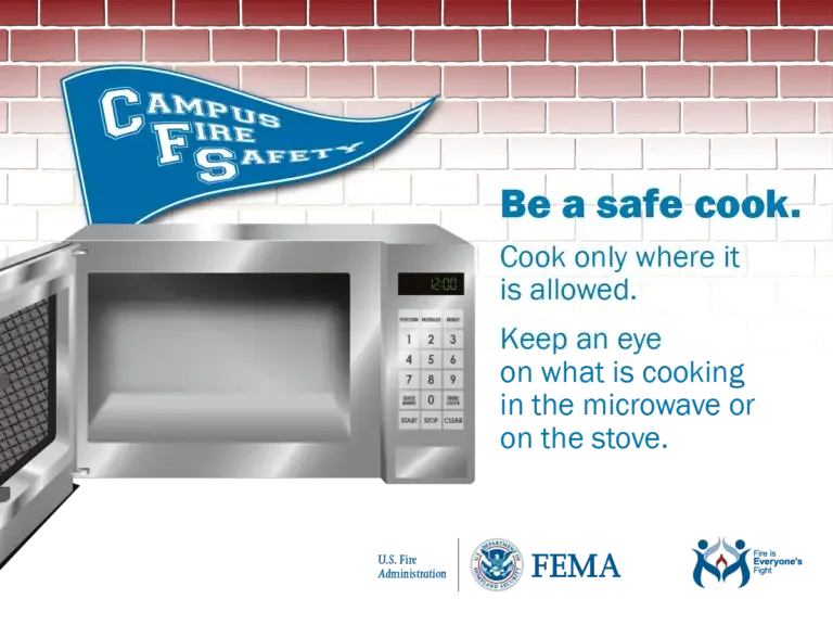 A safety campaign poster with a brick wall background featuring a microwave and a message encouraging safe cooking practices on a college campus, with various logos indicating sponsorship by safety organizations.