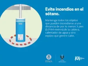 Un aviso de seguridad que ilustra la importancia de mantener objetos inflamables alejados de un calefactor para prevenir incendios, con el texto en español que advierte mantener un espacio de al menos 3 pies alrededor del dispositivo como medida de precaución.