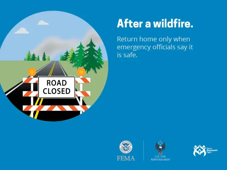 A safety infographic reminding citizens to return home only after approval from emergency officials post-wildfire, featuring a "road closed" barrier with a backdrop of a recovering landscape.