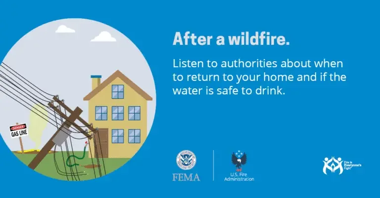 After a wildfire, listen to authorities about when it is safe to return to your home and if the water is safe to drink.